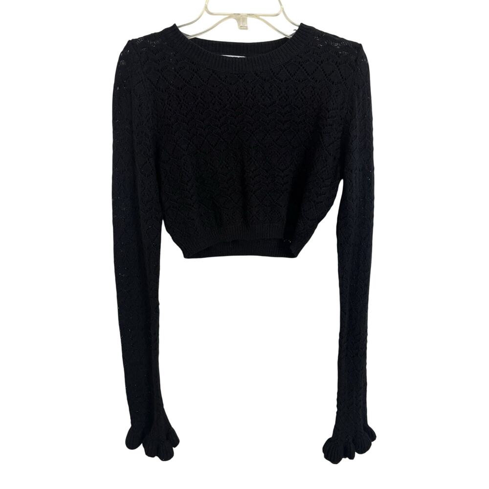 Whimsigoth Black Cropped Open Knit Sheer Sweater Long Ruffle Sleeves Size 4